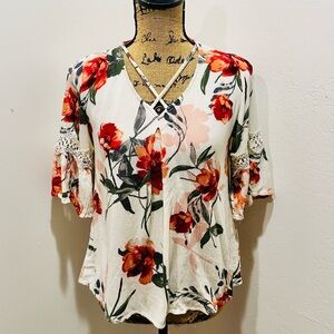 Women Blu Pepper White Floral Bell Sleeve Blouse Size S